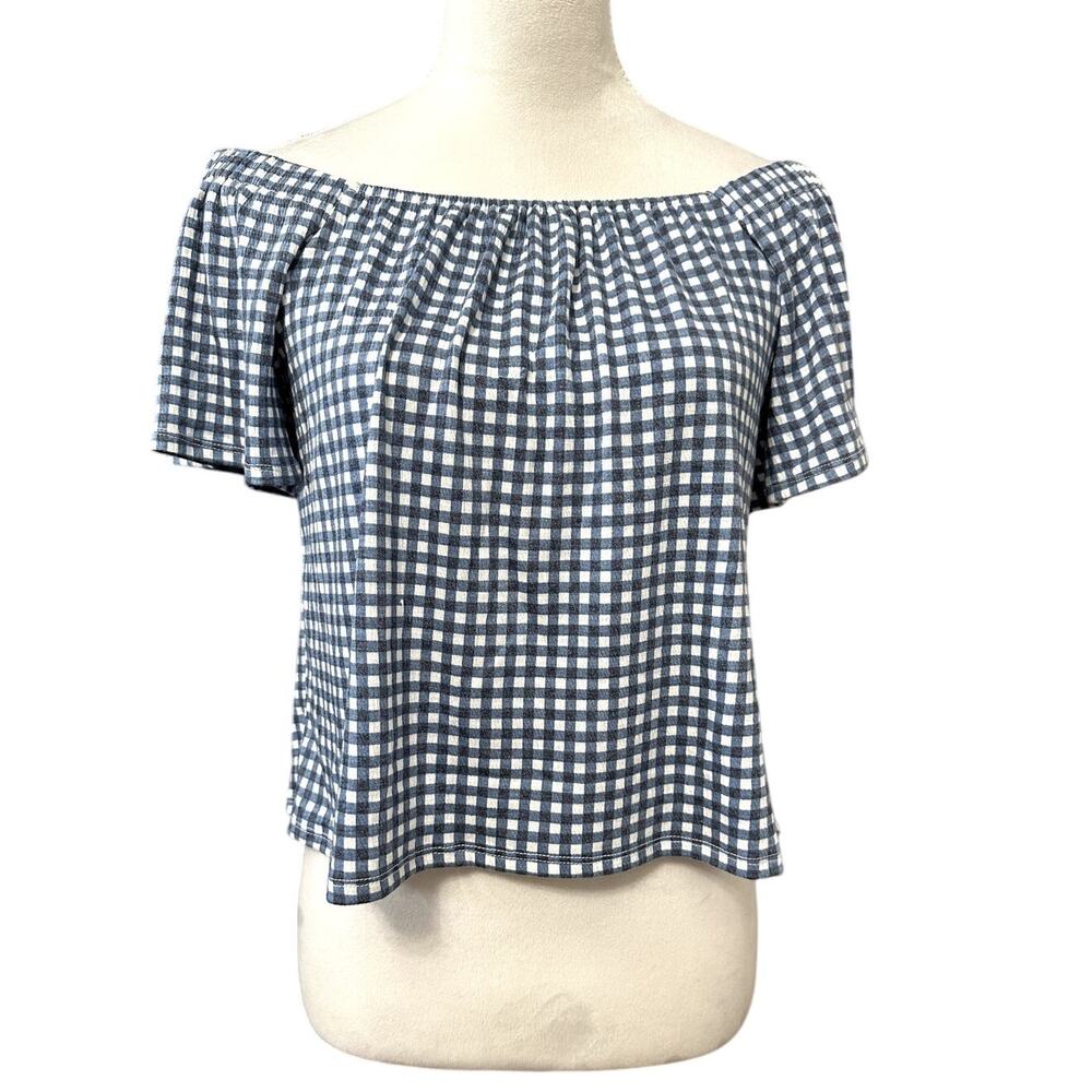 Belle Womens Crop Top White Gingham Short Sleeve Flare Square Neck Stretch S New